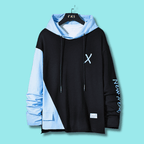 Stylish two-tone hoodie in black and light blue with a comfortable fit and unique design