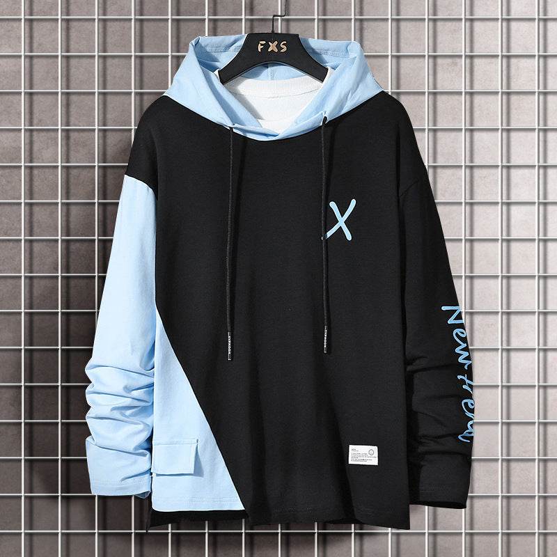 Stylish two-tone hoodie featuring a black and light blue design for a trendy look