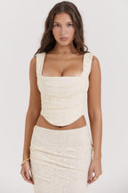Elegant Two-Piece Skirt and Top Set in Cream with a Structured Square Neckline and Fitted Silhouette