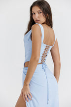 Stylish Two-Piece Skirt and Top Set in Light Blue with Lace-Up Back Design