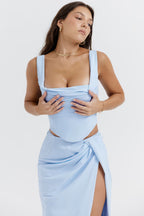 Light blue Two-Piece Skirt and Top Set featuring a stylish crop top and high-slit skirt