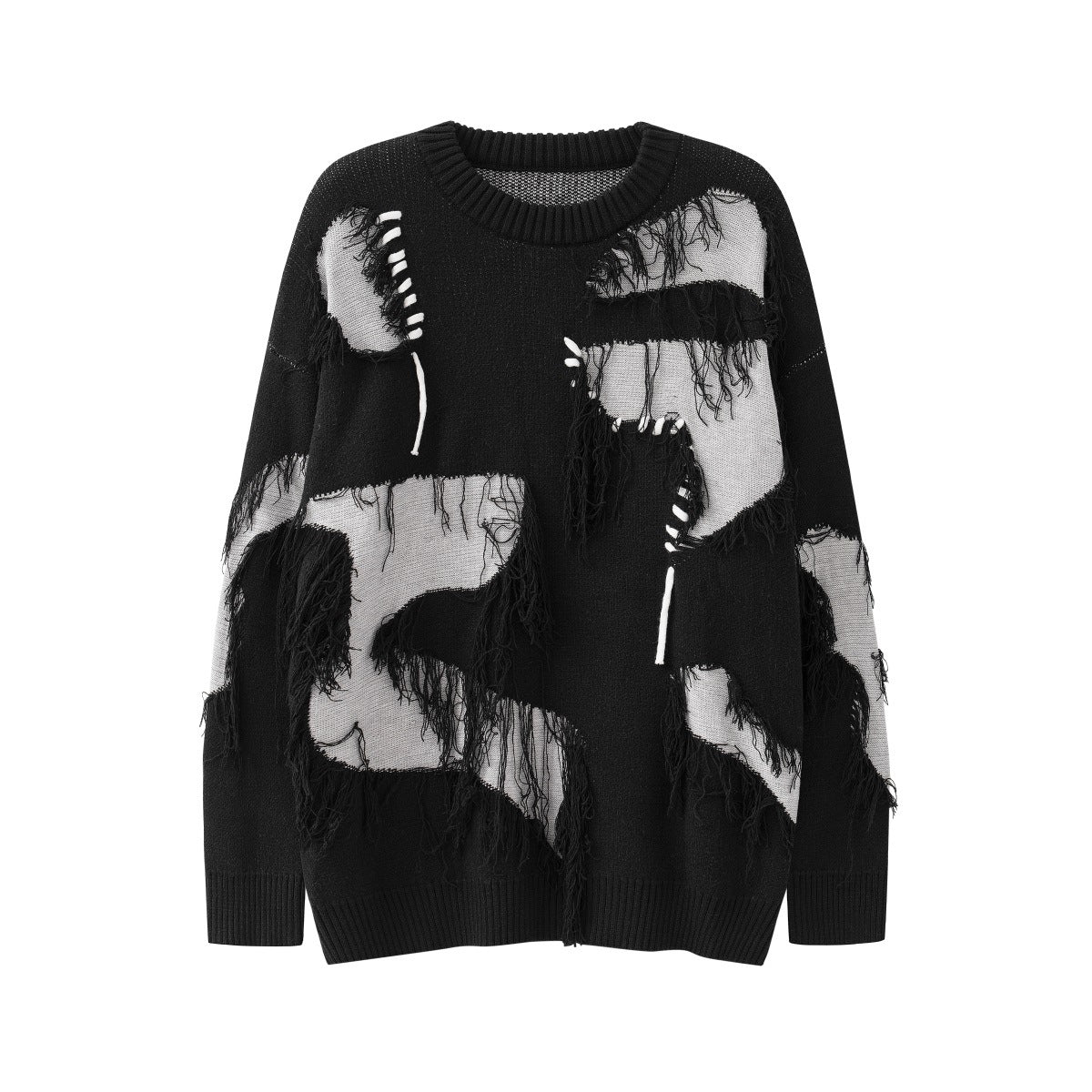 Unisex Streetwear Sweater With Irregular Pattern And Fringe Details in black and gray for a stylish look
