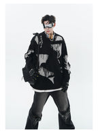 Unisex Streetwear Sweater With Irregular Pattern And Fringe Details styled with oversized pants and accessories