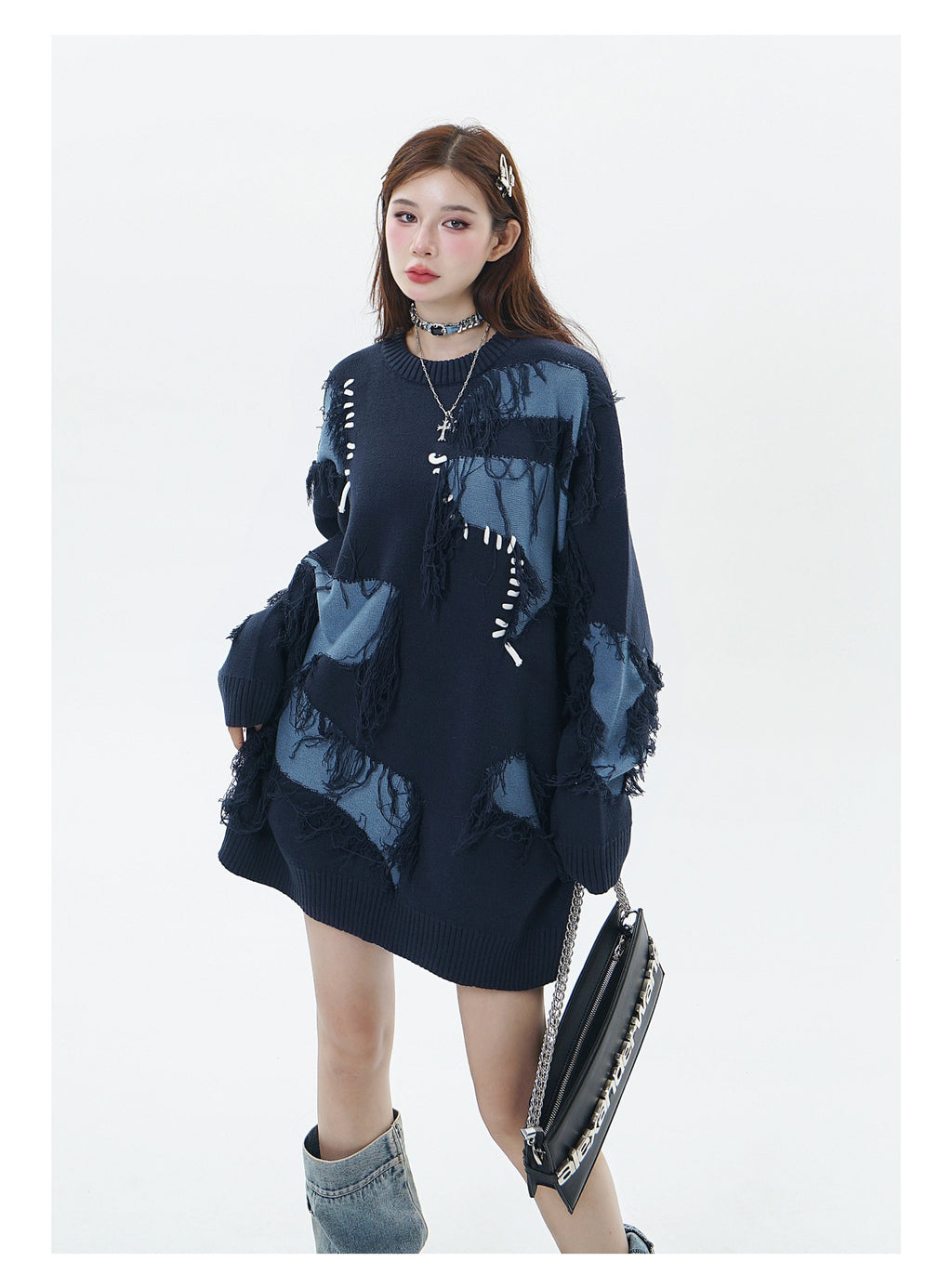 Fashionable unisex streetwear sweater with irregular pattern and fringe details in navy blue
