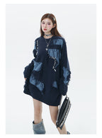 Fashionable unisex streetwear sweater with irregular pattern and fringe details in navy blue