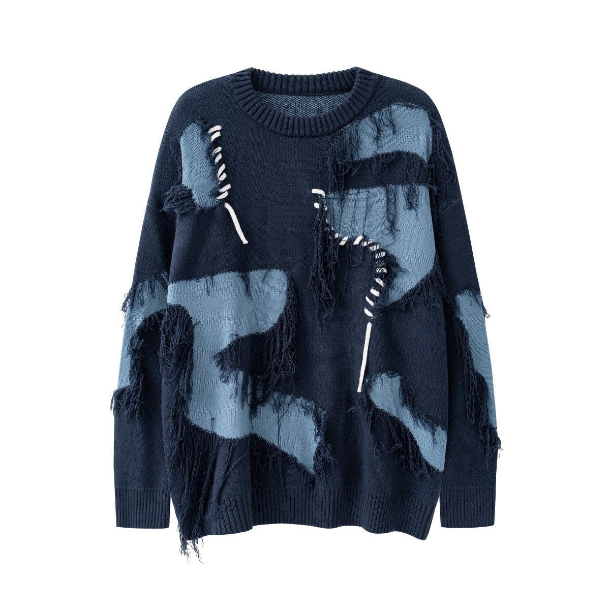 Unisex Streetwear Sweater With Irregular Pattern And Fringe Details in navy blue with unique textures