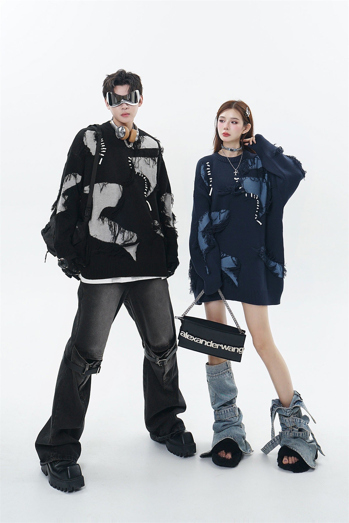 Unisex Streetwear Sweater With Irregular Pattern And Fringe Details showcased on male and female models