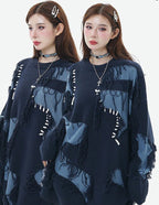 Unisex Streetwear Sweater With Irregular Pattern And Fringe Details in navy with unique design elements