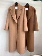 Urban Drift Double Face Wool Scarf Coat Camel and Caramel Edition displayed on hangers for a stylish look