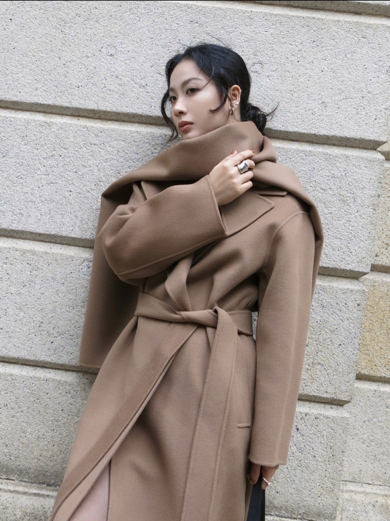 Urban Drift Double Face Wool Scarf Coat Camel and Caramel Edition with stylish wrap design