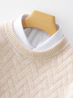 Urban Wool Jacquard Sweater Business Casual Knit in Light Beige with Ribbed Round Neckline