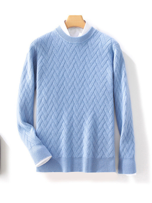Light Blue Urban Wool Jacquard Sweater Business Casual Knit with Chevron Pattern and Ribbed Cuffs