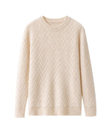 Beige Urban Wool Jacquard Sweater Business Casual Knit with Chevron Pattern and Long Sleeves