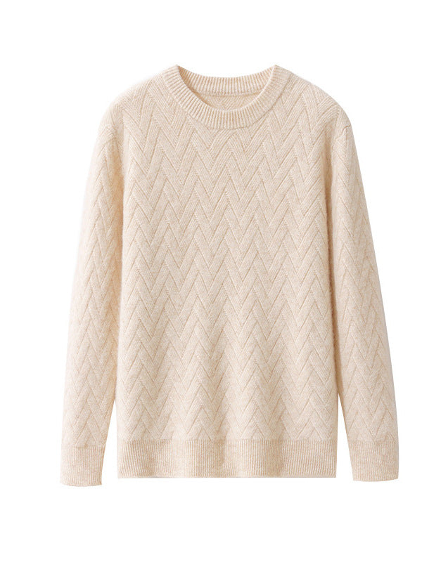 Beige Urban Wool Jacquard Sweater Business Casual Knit with Chevron Pattern and Long Sleeves