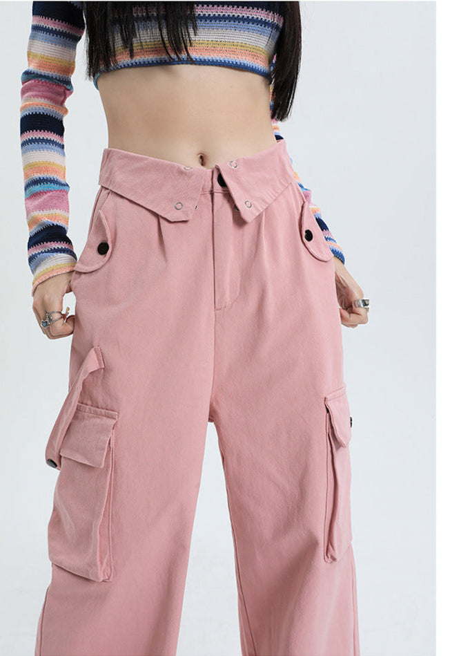 Pantaloni Cotton Candy Cargo roz pastel, talie inalta, buzunare laterale mari, croiala lejera pentru streetwear