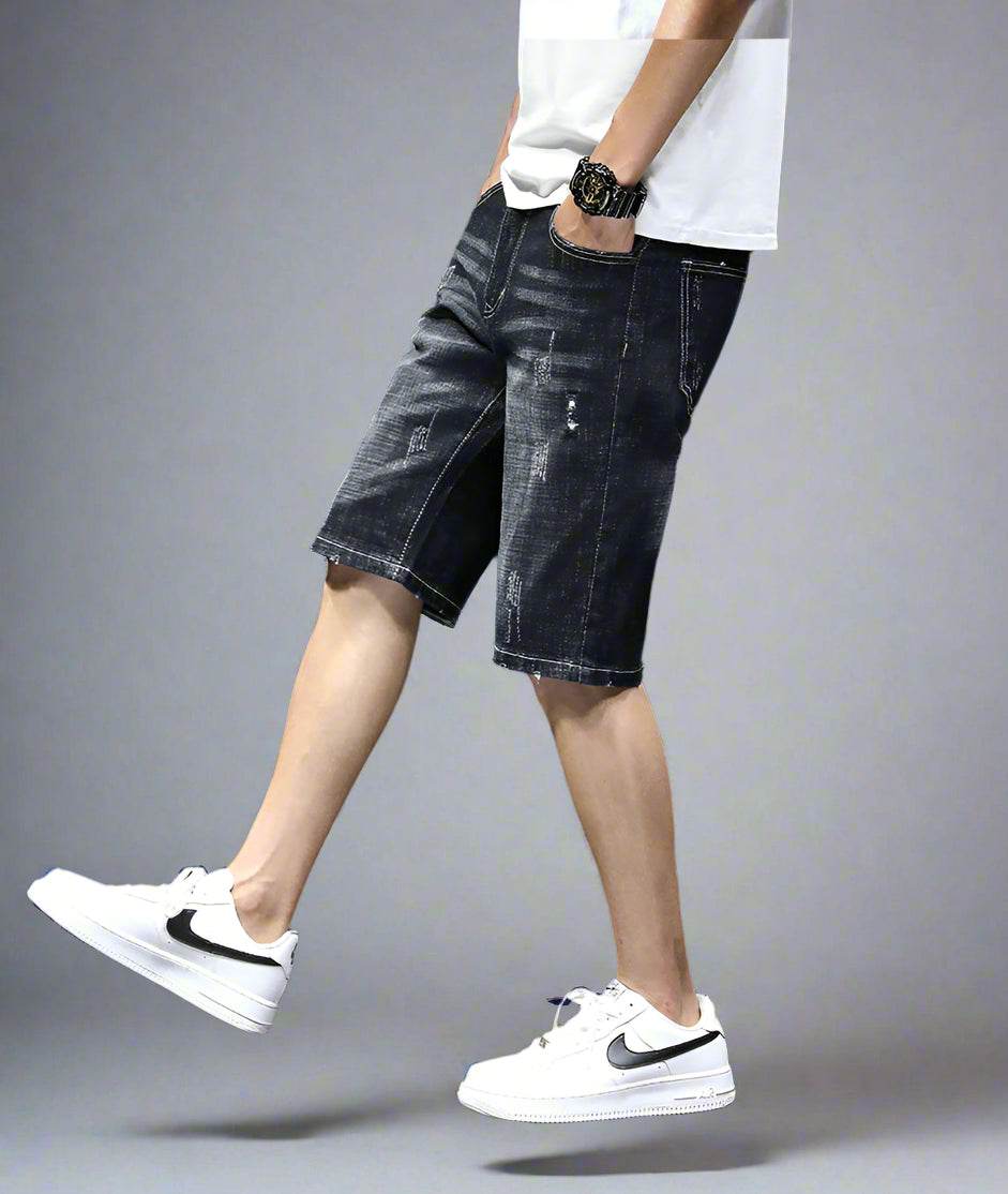 Pantaloni scurți de bărbați din denim AM Vision RO model casual bleumarin cu aspect uzat și buzunare laterale