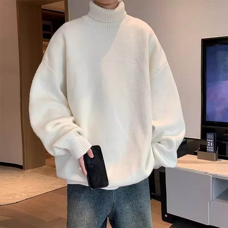 Pulover cu guler lazy style loose alb oversized, tricot moale cu guler inalt si maneci largi, asortat cu blugi