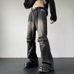 Blugi prespălați retro cu detaliu din metal jeanși baggy negri cu curea în talie și barete la genunchi