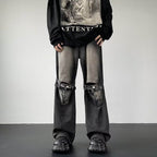 Blugi prespălați retro cu detaliu din metal croială baggy cu curele la genunchi și pantofi negri