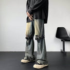 Blugi prespălați retro cu detaliu din metal. Pantaloni denim evazați cu curele metalice la genunchi stil urban AM Vision RO