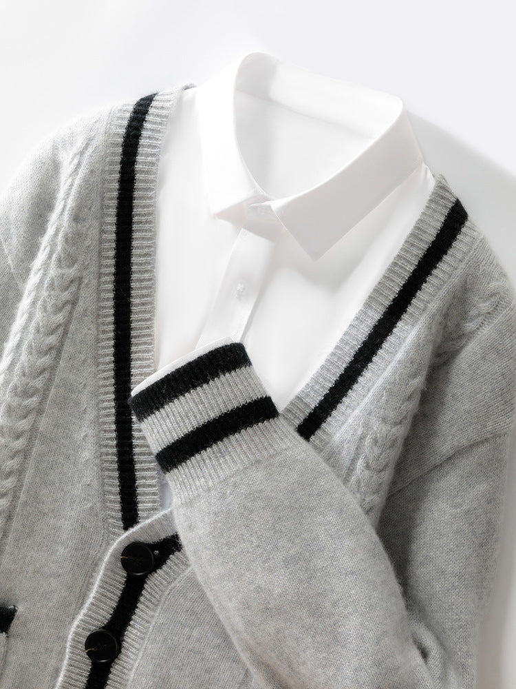 V Neck Wool Cardigan With Double Pocket Urban Layer in gray with black trim, styled with a white shirt
