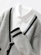 V Neck Wool Cardigan With Double Pocket Urban Layer in gray with black trim, styled with a white shirt