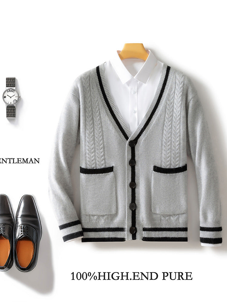 V Neck Wool Cardigan With Double Pocket Urban Layer in light gray with textured detailing and buttons