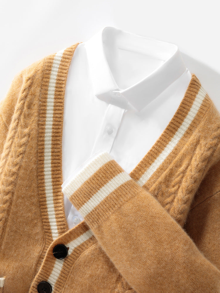 V Neck Wool Cardigan With Double Pocket Urban Layer in Amber Color with Striped Cuffs