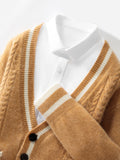 V Neck Wool Cardigan With Double Pocket Urban Layer in Amber Color with Striped Cuffs