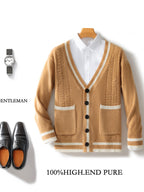 V Neck Wool Cardigan With Double Pocket Urban Layer in Beige with a classic design