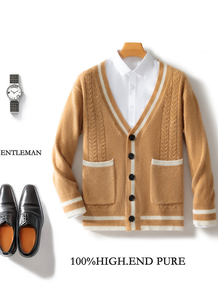 V Neck Wool Cardigan With Double Pocket Urban Layer in Beige with a classic design