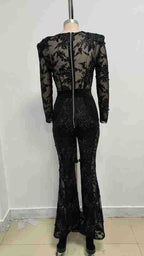 Valentina Crystal Lace V-Neck Jumpsuit featuring a fitted silhouette and elegant floral lace design