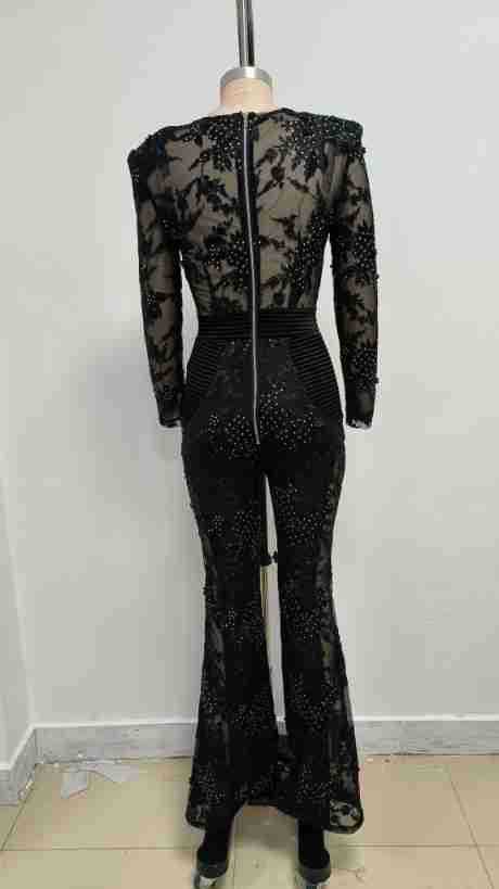 Valentina Crystal Lace V-Neck Jumpsuit featuring a fitted silhouette and elegant floral lace design