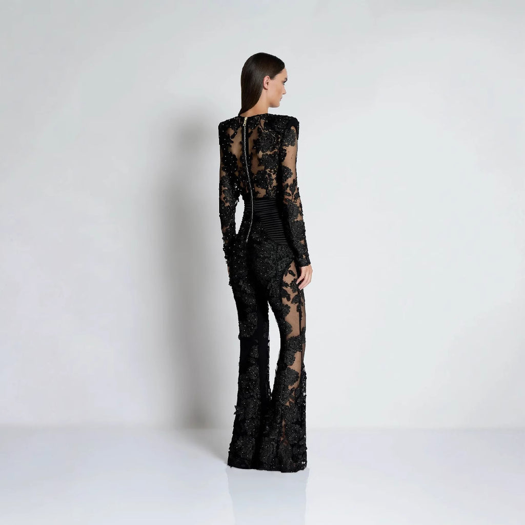 Valentina Crystal Lace V-Neck Jumpsuit with sheer design and intricate lace detailing for an elegant look
