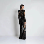 Valentina Crystal Lace V-Neck Jumpsuit with sheer design and intricate lace detailing for an elegant look
