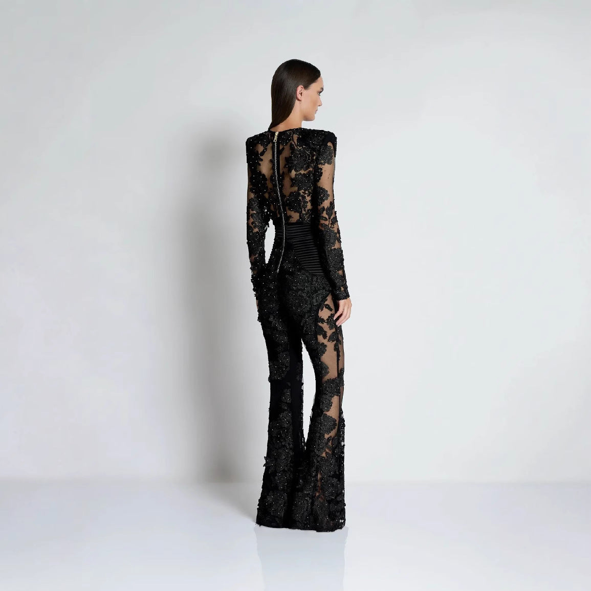 Valentina Crystal Lace V-Neck Jumpsuit with sheer design and intricate lace detailing for an elegant look