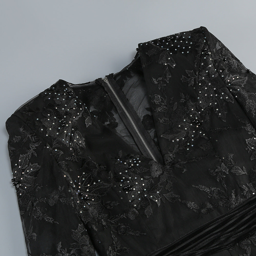 Elegant Valentina Crystal Lace V-Neck Jumpsuit with intricate lace and sparkling embellishments