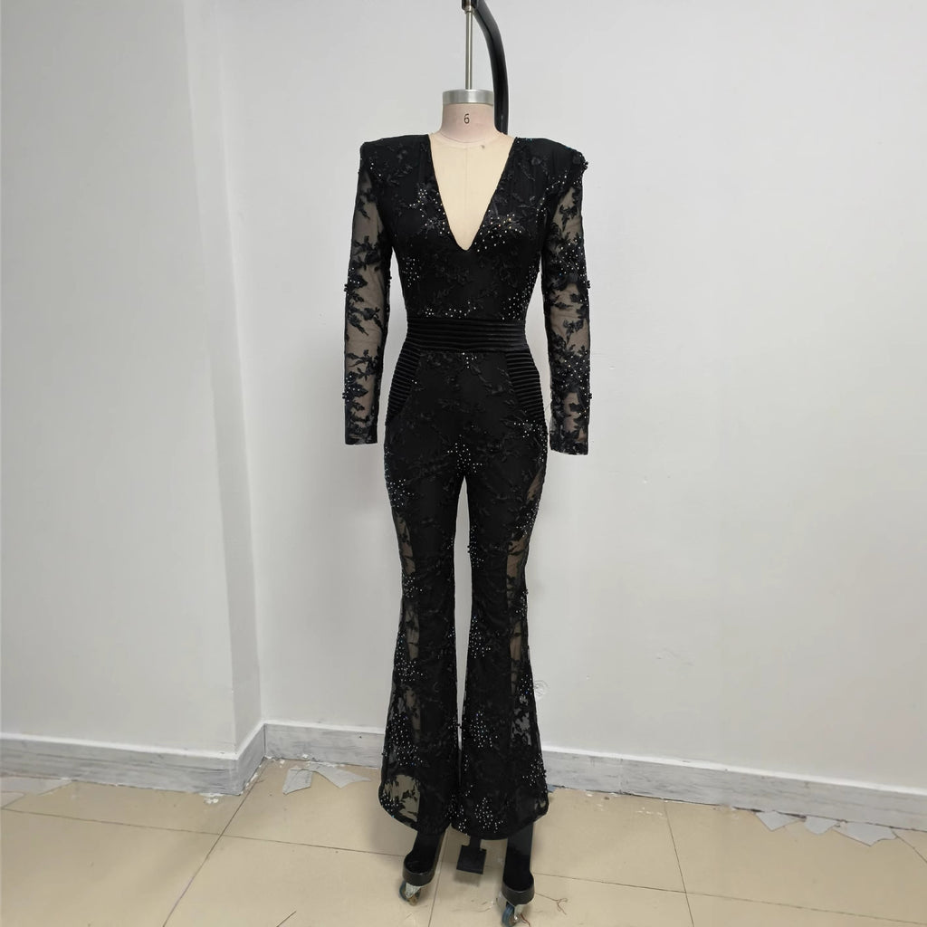 Valentina Crystal Lace V-Neck Jumpsuit in Black featuring a stunning lace design and fitted silhouette