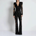 Valentina Crystal Lace V-Neck Jumpsuit with long sleeves and intricate floral design
