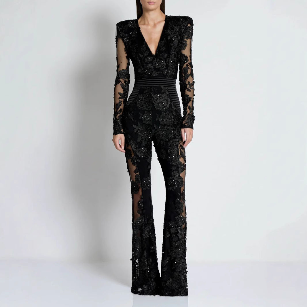 Valentina Crystal Lace V-Neck Jumpsuit with long sleeves and intricate floral design