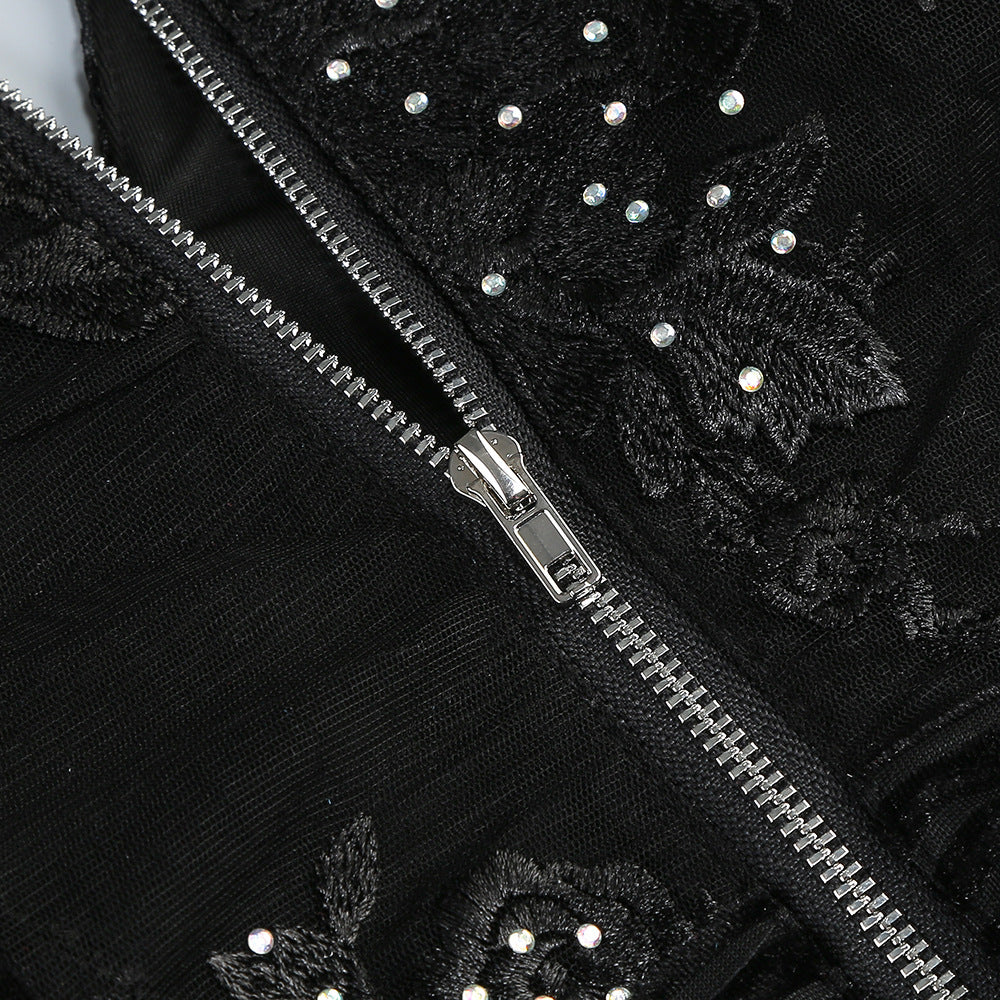 Close-up of Valentina Crystal Lace V-Neck Jumpsuit showcasing intricate lace and crystal detailing