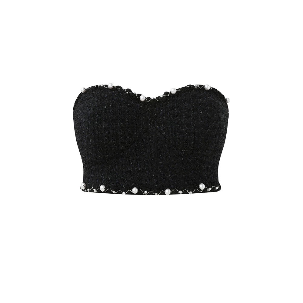 Valeria Tweed Set Jacket, Bra, Skirt featuring a stylish black strapless design with pearl embellishments