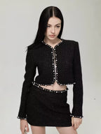 Valeria Tweed Set Jacket, Bra, Skirt in Black with Pearl Details for Stylish Outfits