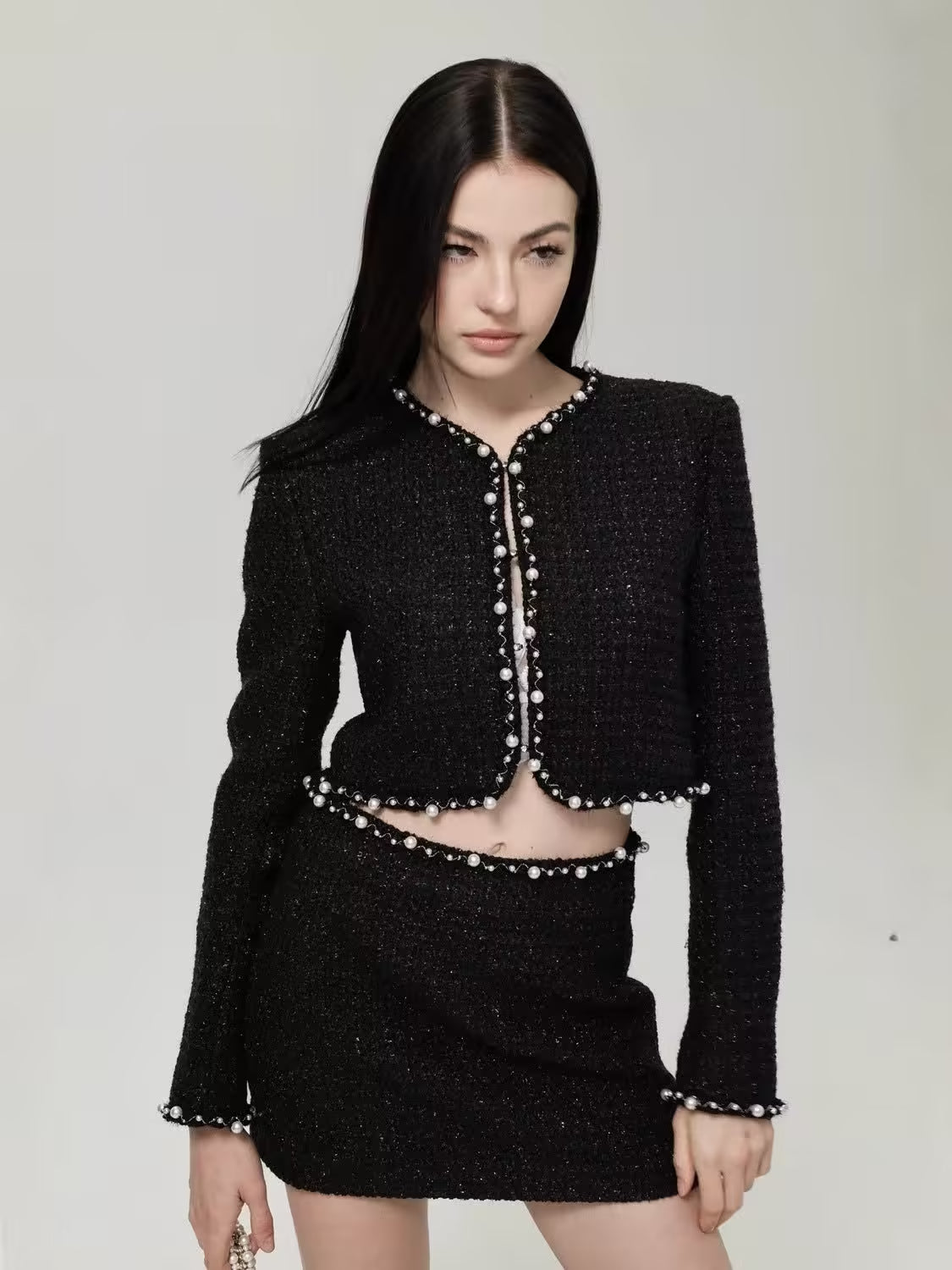 Valeria Tweed Set Jacket, Bra, Skirt in Black with Pearl Details for Stylish Outfits