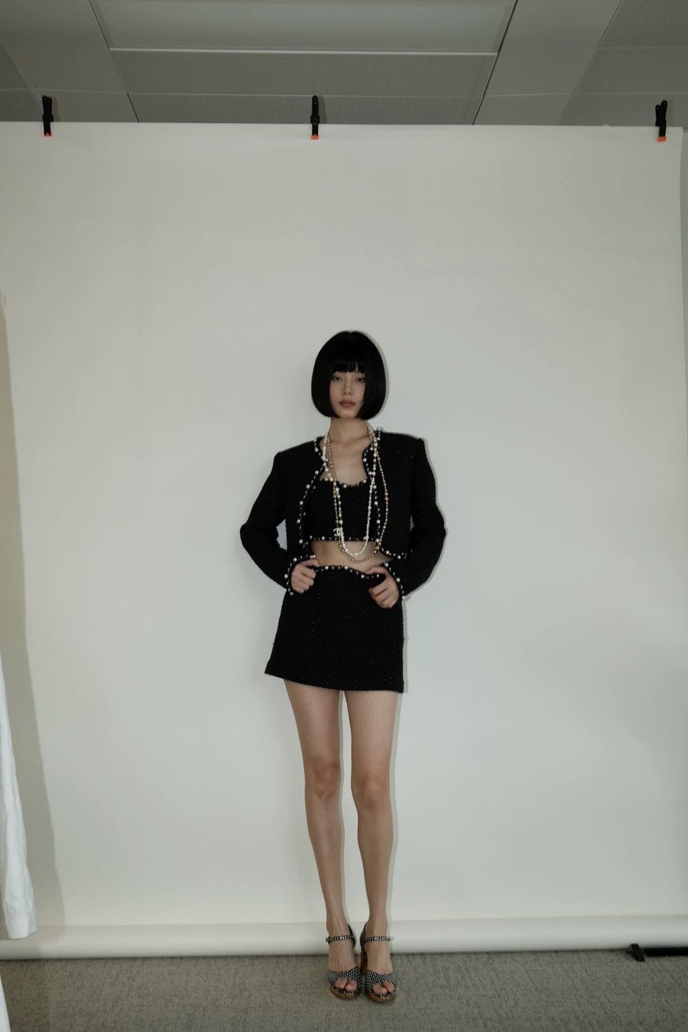 Valeria Tweed Set Jacket, Bra, Skirt in Black with Chain Details for a Stylish Look