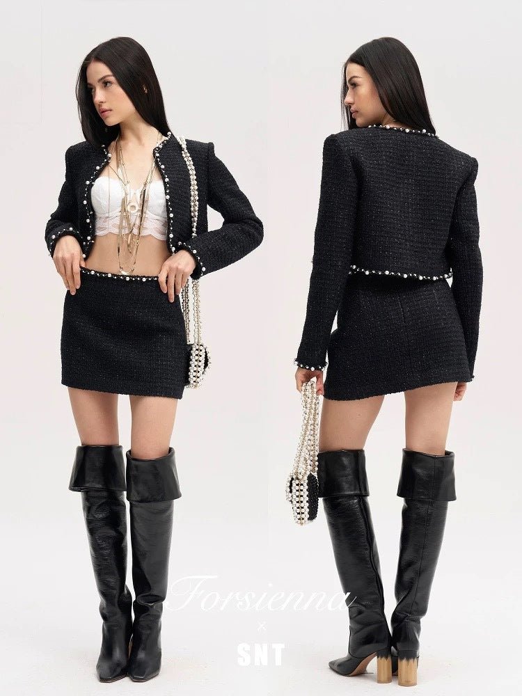 Model showcasing Valeria Tweed Set Jacket, Bra, Skirt with elegant design and stylish accessories