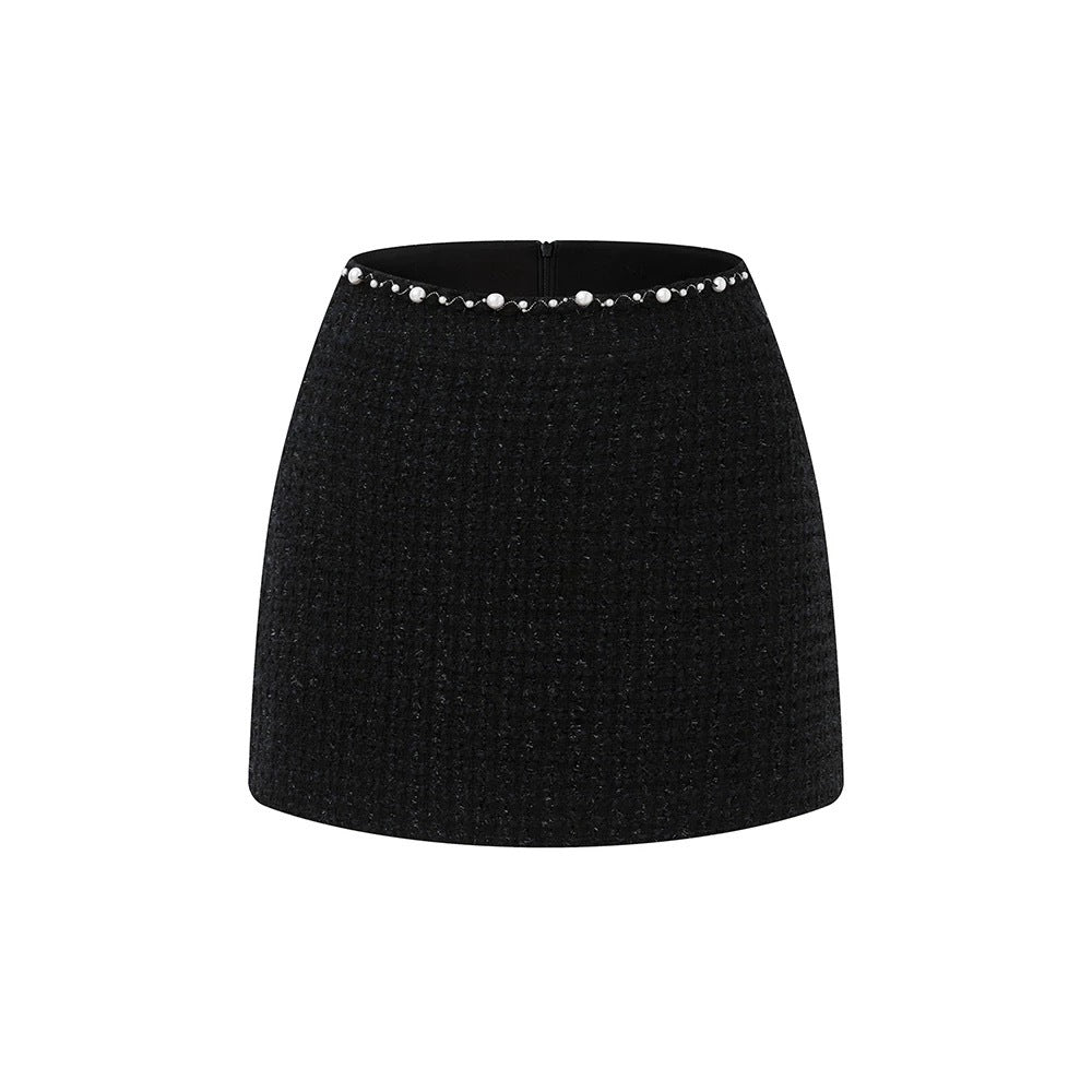 AM Vision RO Valeria Tweed Set Jacket, Bra, Skirt with Elegant Black A-Line Skirt and Pearl Detail