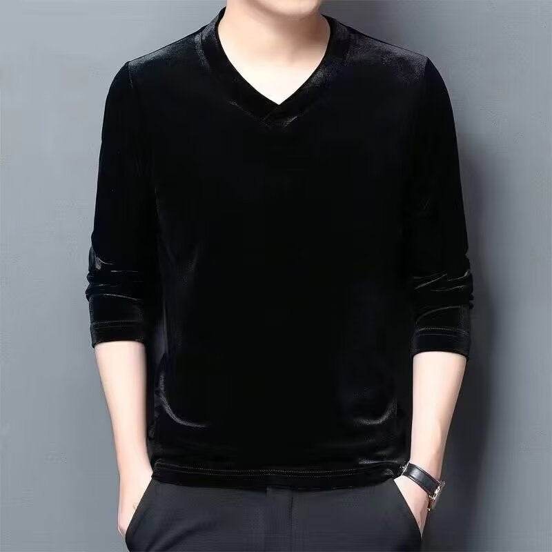 Men's black velvet effect blouse with V-neck and long sleeves for stylish casual wear