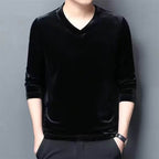 Men's black velvet effect blouse with V-neck and long sleeves for stylish casual wear