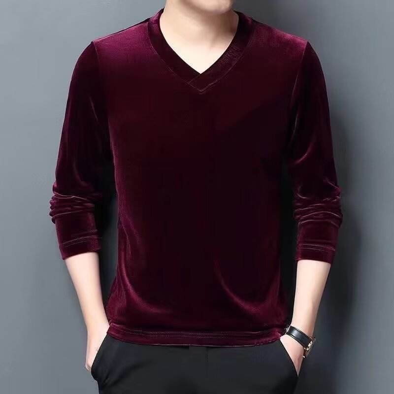 men's burgundy velvet-effect blouse with v-neck and long sleeves